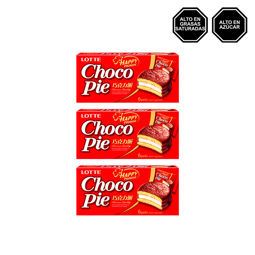 Chocopie Lotte - Biscocho de Vainilla relleno de Mashmellow de Chocolate Pack x3