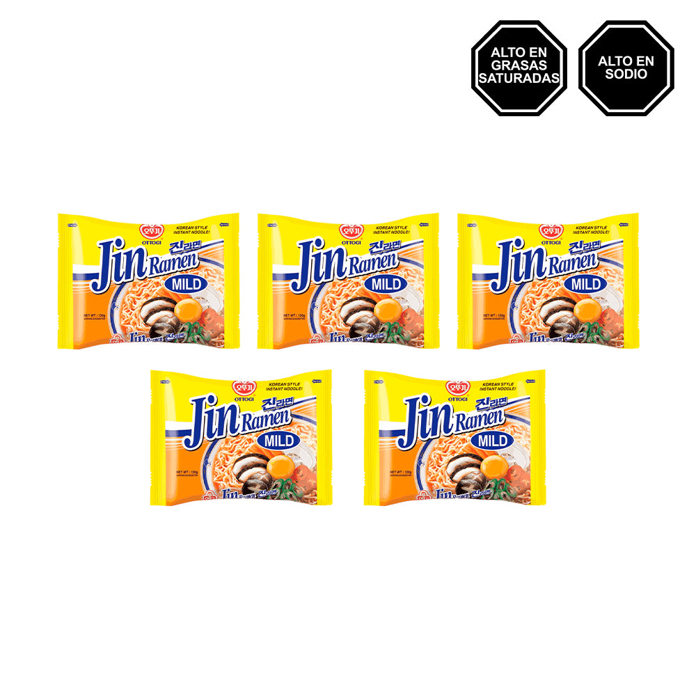 Jin Ramen Mild - Sopa instantánea sabor a Carne poco Picante en Bolsa Pack x5