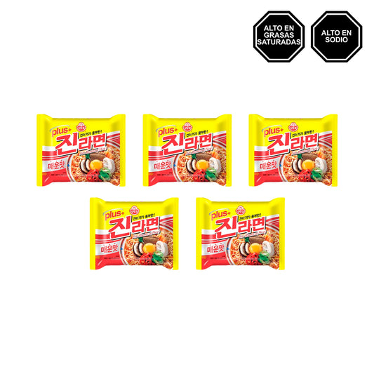 Jin Ramen Hot - Sopa instantánea sabor a Carne Picante en Bolsa Pack x5