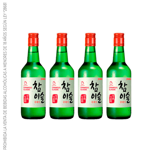 Soju Jinro Classic - Licor a base de arroz sabor Classic destilado con Bamboo 20.1% Alc Pack x4