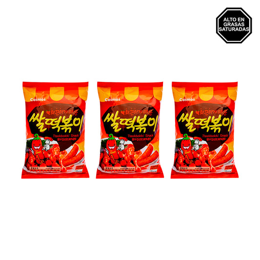 Tokpoki Snack - Snack de Arroz con salsa Tokpokki Picante y Dulce Pack x3