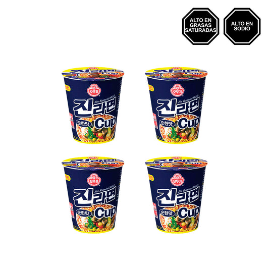 Jin Ramen Mild - Sopa instantánea sabor a Carne poco Picante en Vaso Pack x4