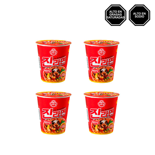 Jin Ramen Hot - Sopa instantánea sabor a Carne Picante en Vaso Pack x4