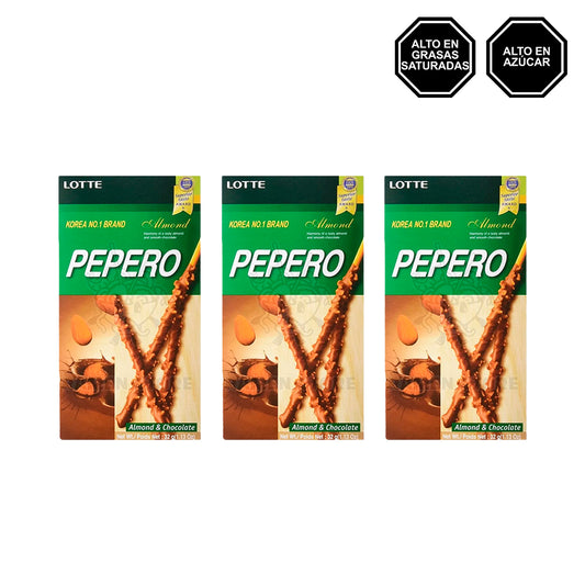 Pepero Almendra - Palitos de Galleta bañados de Chocolate con Almendra Pack x3
