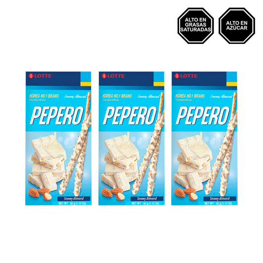 Pepero Snow - Palitos de Galleta bañados de Chocolate Blanco con Almendra Pack x3